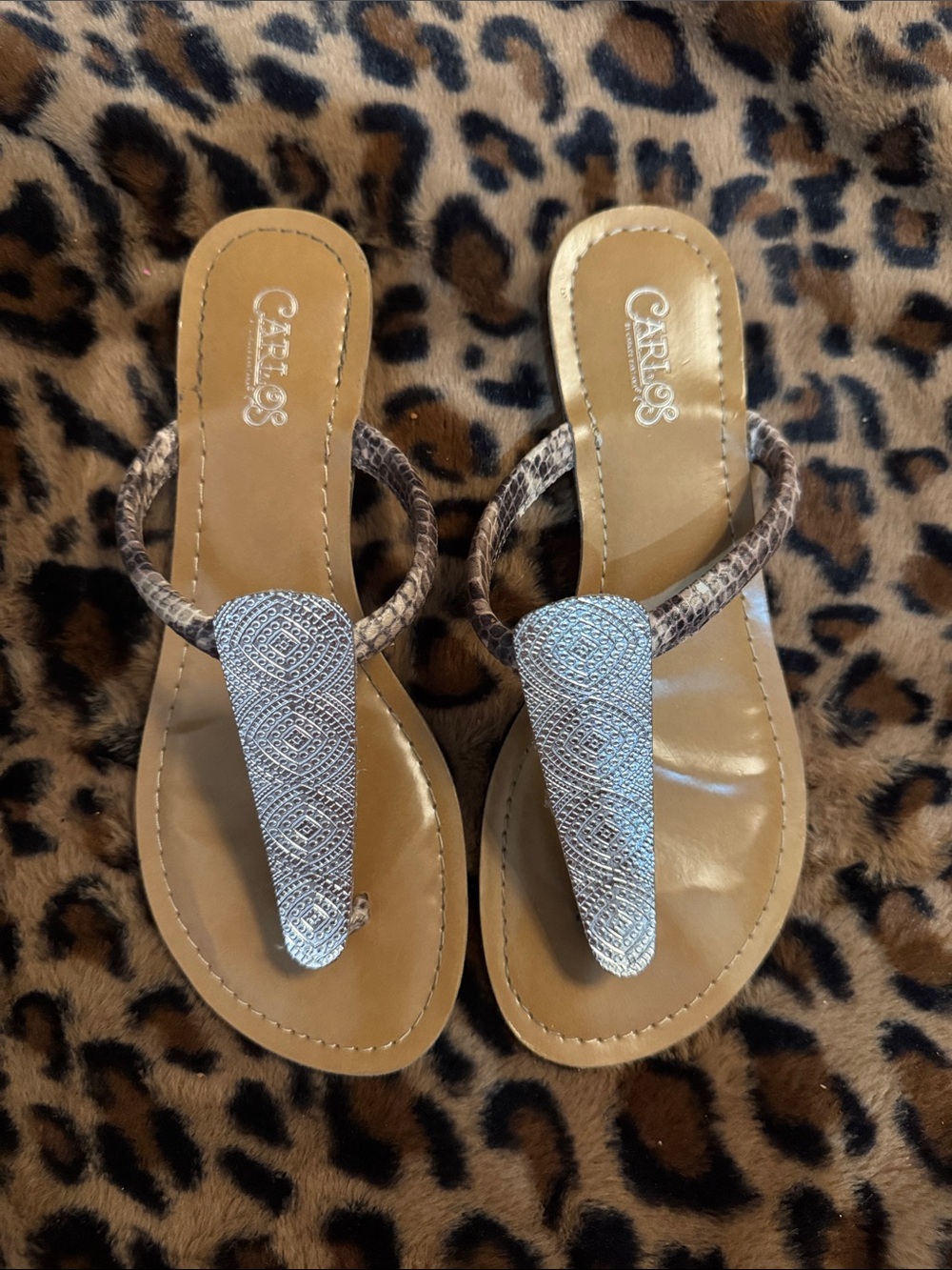 Carlos Santana Silver Beaded Thong Sandals with Brown Straps